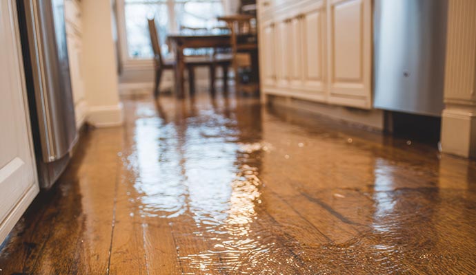 Standing water across a kitchen hardwood floor