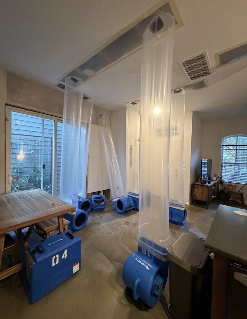 Restoration drying equipment set up at a property